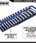 Blue magnetic socket organizer holding 28 3/8 inch sockets, shallow and deep SAE and metric, for tool box organization and easy access.