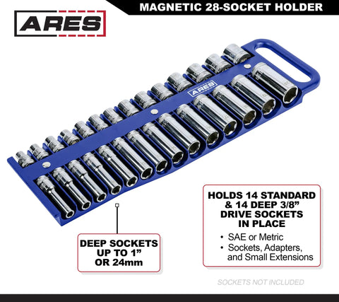 Blue magnetic socket organizer holding 28 3/8 inch sockets, shallow and deep SAE and metric, for tool box organization and easy access.