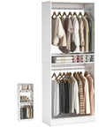 Freestanding Closet System With Adjustable Hanging Rods And Super Sturdy Steel Frame Built For No Sweat Setup And Roomy Multi Purpose Wardrobe Shoe Storage Tower displaying hanging clothes and towels on shelves.