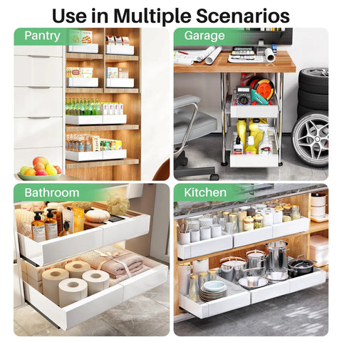 Heavy Duty Pull Out Cabinet Organizer Expands To Fit Twelve Through Twenty Inches in various uses: pantry, garage, bathroom, and kitchen.