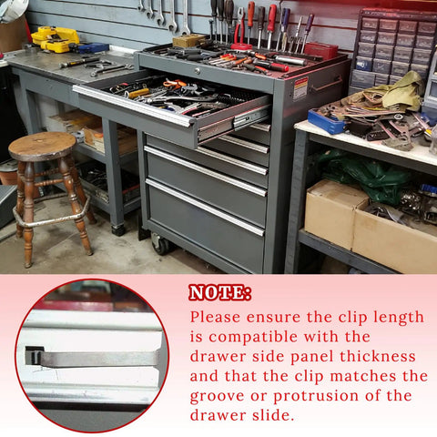 Workbench with open toolbox showing 12 Pack Tool Box Drawer Slide Retaining Clips Heavy Duty 2 Inch Double Loop Pull Out Stop