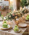 Elegant table setting with One Hundred Green Organza Bags With Sheer Mesh Drawstring Pouches 7.9x11.8 In for candies.