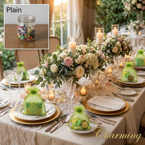 Elegant table setting with One Hundred Green Organza Bags With Sheer Mesh Drawstring Pouches 7.9x11.8 In for candies.