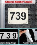 Easy DIY Curb Address Stencil Kit With 0-9 Reusable Plastic Number Stencils, showing stenciled address on wall and stencil flexibility.