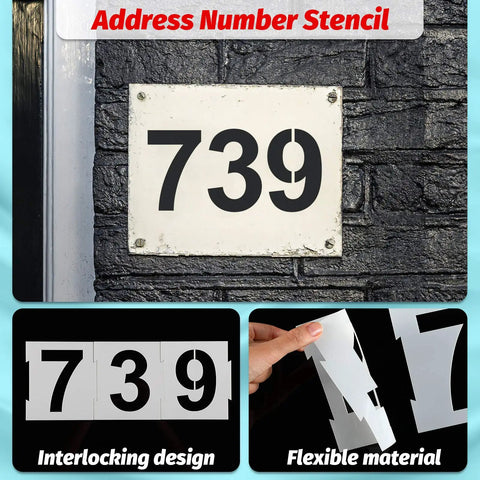 Easy DIY Curb Address Stencil Kit With 0-9 Reusable Plastic Number Stencils, showing stenciled address on wall and stencil flexibility.