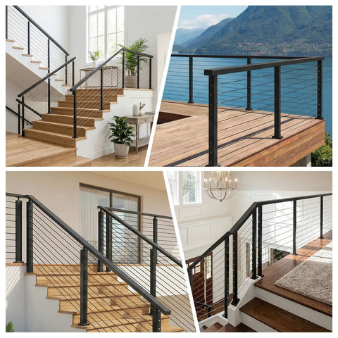 Heavy Duty 6 Foot 6 Inch Stainless Steel Flat Handrail Slick Matte Black Finish Cable Railing Run Your Deck Built Tough For Outdoor Stairs And Balconies Walkway Premium Badass Guardrail System in various indoor and outdoor settings.