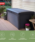 Borneo 110 Gallon Outdoor Storage Deck Box for Patio Backyard and Garden, grey lockable waterproof sturdy plastic storage bench