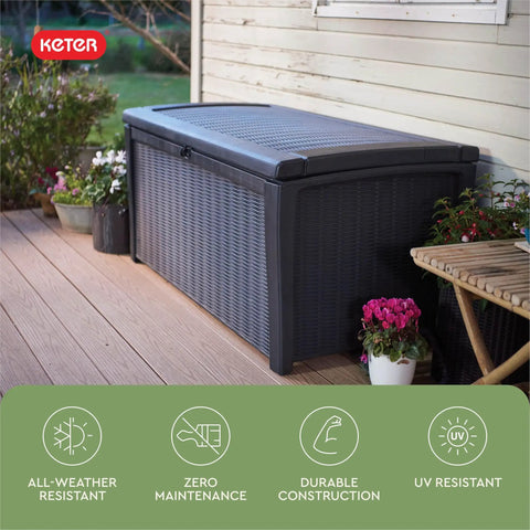 Borneo 110 Gallon Outdoor Storage Deck Box for Patio Backyard and Garden, grey lockable waterproof sturdy plastic storage bench