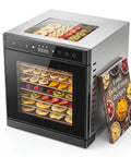 Straight Shooter 700 Watt Food Dehydrator With Eight Roomy Trays and Quick 360 Hot Air Circulation That Cranks Up To 212 Degrees Plus A No Mess Twenty Four Hour Timer For Fruit Jerky And Herbs displaying trays of fruits.