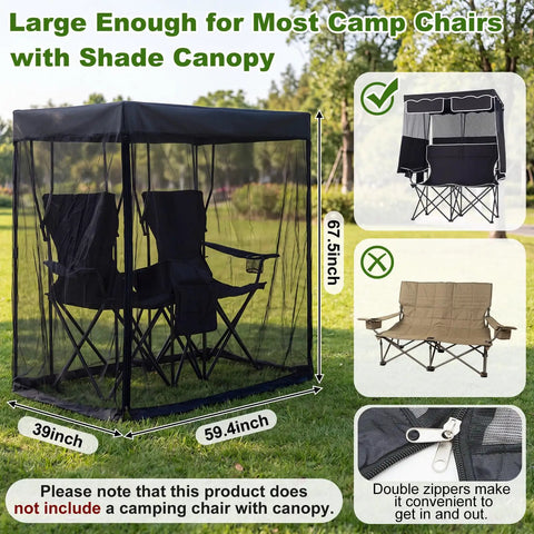 Double Sun Lounger Mosquito Net With Zipper Roof For Canopy Chairs set up on grass showcasing frameless black bug beater netting.