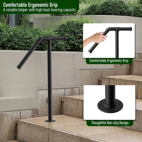 Heavy Duty Wrought Iron Stair Railing Handrails For Outdoor Steps Single Post Design With Black Powder Coat Finish Built Tough For A Dead Simple Setup And Secure Grip Safety Support Set Of 2, featuring ergonomic grip on outdoor steps.