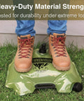 Person standing on Two Gallon Collapsible Water Container With Spout For Camping And Outdoors Ready Grab And Go Reusable Plastic Water Storage Jug Foldable Empty Gallon Water Bag For Hiking Emergency Prep Lightweight Portable Water Storage Solution to show durability
