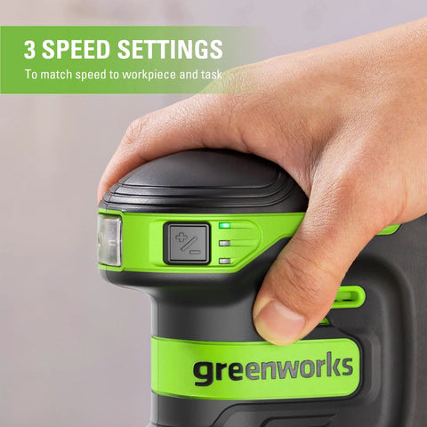 Hand adjusting speed setting on Cordless 24V 5-Inch Random Orbital Sander Kit With Variable Speed, 2Ah Battery And Charger Included