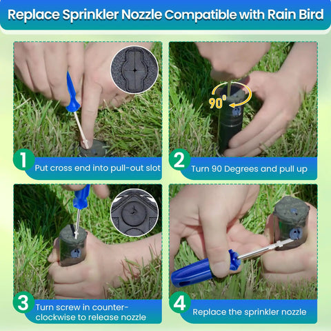 Steps to replace Rain Bird nozzle using Three Pack Sprinkler Adjustment Tools Kit For Hunter PGP MP And Rain Bird 5000 Heads Including Rotor Adjustment Tool And Wrench Easy Lawn Irrigation Repair For Precise Coverage.