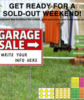 Triple Pack 17x13 Inch Garage Sale Signs With High Visibility Arrows Double Sided Weatherproof 4mm Corrugated Plastic Includes Stakes And 420 Pricing Stickers yard sign with stake