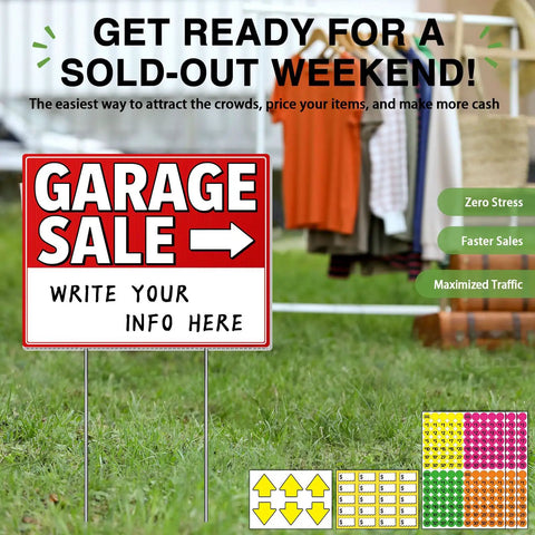 Triple Pack 17x13 Inch Garage Sale Signs With High Visibility Arrows Double Sided Weatherproof 4mm Corrugated Plastic Includes Stakes And 420 Pricing Stickers yard sign with stake