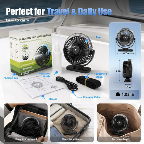 Rechargeable Magnetic Travel Fan With 12000mAh Battery And Power Bank Mode, shown with packaging, hydration bottle, manual, and accessories.