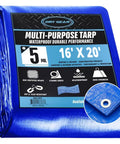 Heavy Duty 16x20 Blue Waterproof Tarp With 5 Mil Thickness shown in packaging with close-up of reinforced grommet