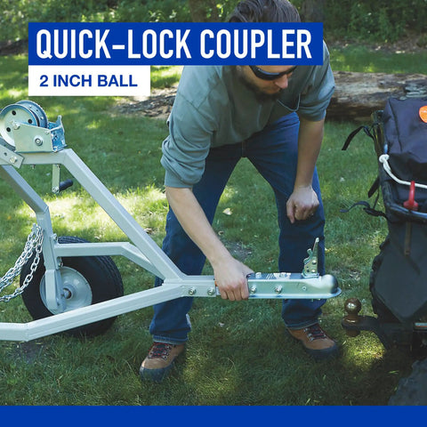 Heavy Duty Atv Log Skidding Arch Rated One Thousand Pounds Features Rugged Steel Build Smooth Pneumatic Wheels Quick Lock Hitch Coupler Hand Winch With Fifteen Foot Poly Strap Built To Yard Timber Like A Champ Without Breaking A Sweat