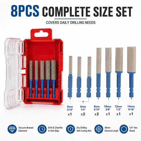 Crush Through Hard Surfaces With This Eight Piece Vacuum Brazed Diamond Drill Bit And Hole Saw Set For Tile Glass Porcelain Granite Fast Cut Edge Grinding And Pro Shop Precision in a red case with various sizes.