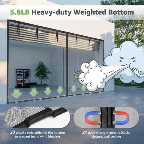 Heavy Duty 16x7 Ft Magnetic Garage Door Screen With Weighted Bottom For Two Car Garage, Fiberglass Mesh Keeps Pests Out