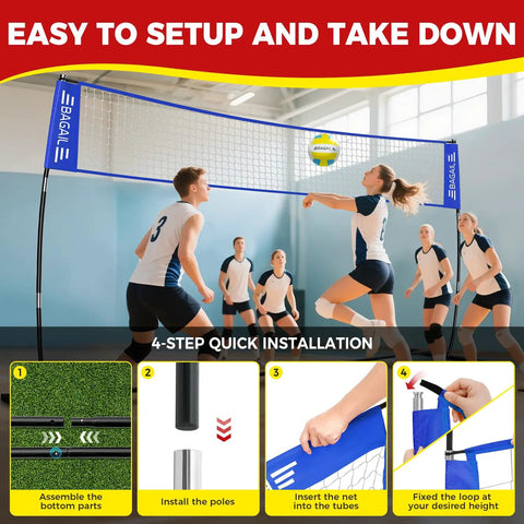 Portable 12Ft Volleyball Net Set For Backyard Bash With Adjustable Height And Freestanding Frame, Heavy Duty Steel Base