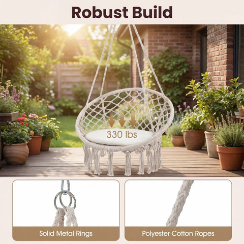 Macrame Hammock Chair Swing With Round Seat Cushion And Hardware Kit For Indoor Outdoor Use Boho Beige Hanging Chair For Patio