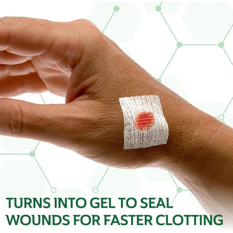 Hella Fast Halting Bleeding Gauze Wound Dressing Pads Designed To Seal Cuts Swiftly For Minor Scrapes And Stubborn Nosebleeds on a hand.