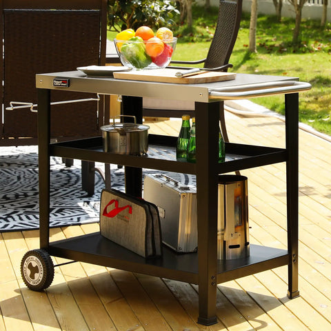 Rolling Dining Table With Trash Bag Holder For Outdoor Patio And BBQ Stainless Steel 34 Inch By 20 Inch Cart Food Prep Station