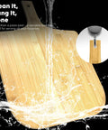 12-Inch Natural Bamboo Pizza Peel Paddle With Easy Lift Tapered Edge For No Stuck Dough Release shown with water splash for cleaning