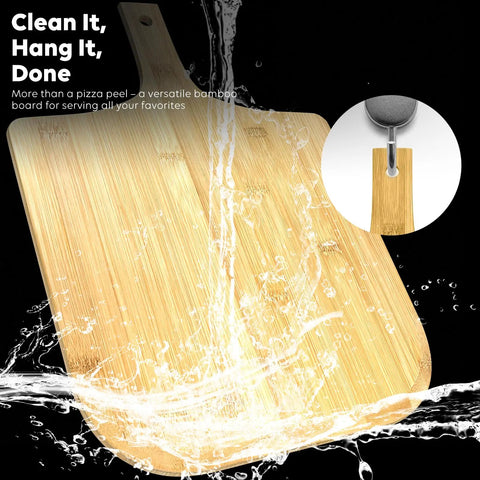 12-Inch Natural Bamboo Pizza Peel Paddle With Easy Lift Tapered Edge For No Stuck Dough Release shown with water splash for cleaning