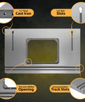 Diagram of Beefy Heavy Duty Cast Iron Table Saw Router Extension Wing 27 by 16 inches with precision milled opening and slots