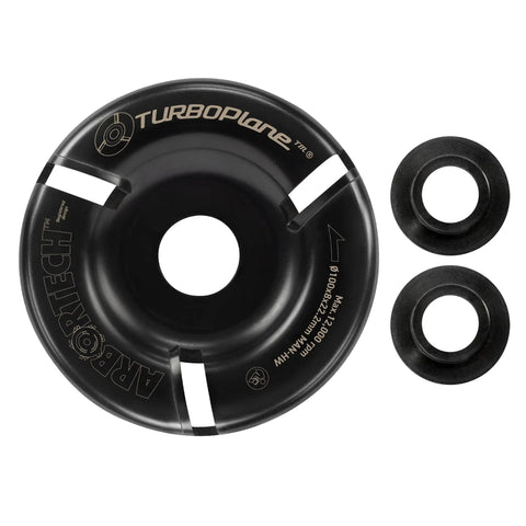 TurboPlane Carbide Woodworking Blade For Angle Grinders, 4 Inch Disc Attachment, shown with 100mm shaping tool accessories