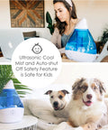Droplet Ultrasonic Cool Mist Humidifier For Bedroom And Office 0.5 Gallon Mini Humidifier next to woman and with dogs