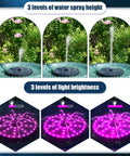 Remote Control Solar Fountain With Dope Colorful Lights For Bird Bath And Garden, 4000mAh Battery, 7 Nozzles, 54 LED Lights