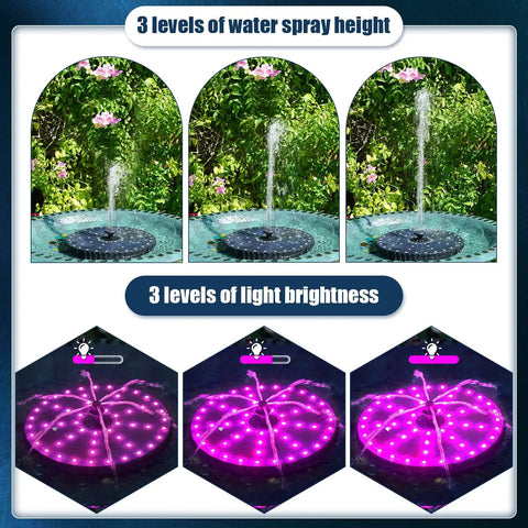 Remote Control Solar Fountain With Dope Colorful Lights For Bird Bath And Garden, 4000mAh Battery, 7 Nozzles, 54 LED Lights