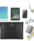 Fireproof And Waterproof Document Bag With Lock For A4 Papers, Cash, Passport, Phone And Tablets, showing contents and accessories