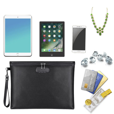 Fireproof And Waterproof Document Bag With Lock For A4 Papers, Cash, Passport, Phone And Tablets, showing contents and accessories
