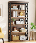 Heavy Duty Six Tier Industrial Bookshelf With Fresh X Pattern Accents 71 Inch Tall solid construction displaying books and decor in a modern home.