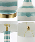 Details of Green And White Striped Ceramic Table Lamp For Bedroom And Living Room Coastal Modern Bedside Light with gold base