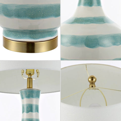 Details of Green And White Striped Ceramic Table Lamp For Bedroom And Living Room Coastal Modern Bedside Light with gold base