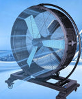 Heavy Duty Brushless Motor Industrial Floor Fan With Smooth Rolling Lockable Casters, showcasing massive airflow and robust design.