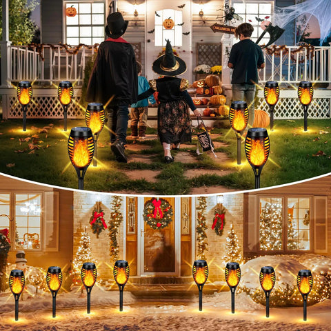 Upgraded 10 Pack Solar Torch Lights Outdoor With Realistic Flickering Flames Waterproof Solar Powered Tiki Torches in yard and pathway