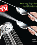 AquaCare high-pressure dual handheld shower heads with anti-clog nozzles and 6 ft stainless steel hoses.