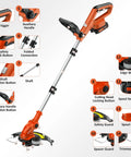 Detailed view of a Cordless 2-In-1 String Trimmer And Edger With Wheel, 20V Battery Powered, showing components like handle, shaft, and spool.