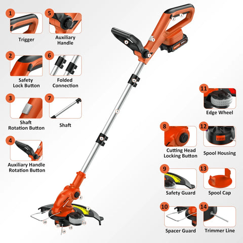 Detailed view of a Cordless 2-In-1 String Trimmer And Edger With Wheel, 20V Battery Powered, showing components like handle, shaft, and spool.