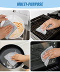 Heavy Duty Non Scratch Steel Wool Dishcloths And Scrubber Pads Kitchen Cleaning Set in use on dishes, grill, frying pan, and oven.