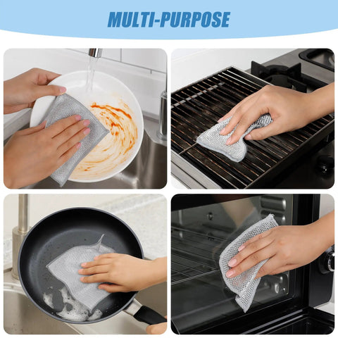 Heavy Duty Non Scratch Steel Wool Dishcloths And Scrubber Pads Kitchen Cleaning Set in use on dishes, grill, frying pan, and oven.
