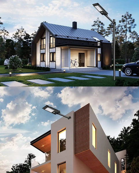 Modern homes illuminated by 800W Solar Street Lights Outdoor With 60000LM Motion Sensor And Remote Dusk To Dawn IP65 Waterproof Flood Light For Parking Lot Yard And Garage Heavy Duty Solar Powered Area Lighting For All Weather