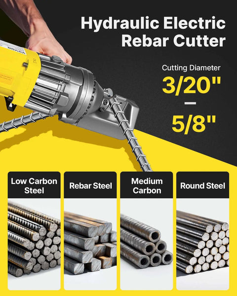 VEVOR 900W Electric Rebar Cutter Portable Hydraulic Cutting Machine 110V with various steel types for precise cutting.